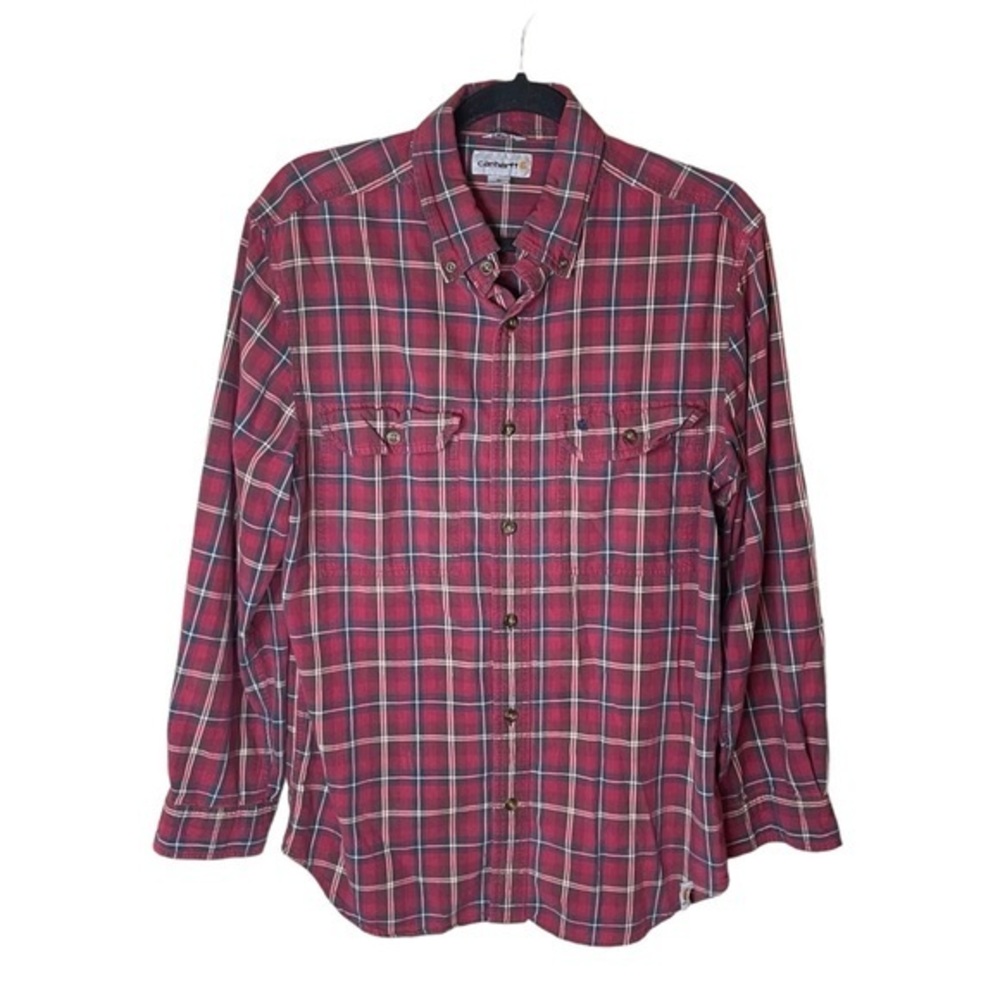 Carhartt Red Black Plaid Long Sleeve Button Up 100% Cotton Men’s Size Medium